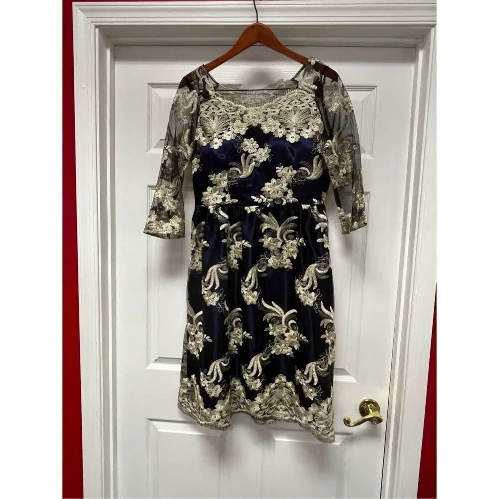 Misslook Navy Satin w/ Gold Embroidered Overlay Vintage Style Dress sz XL EUC